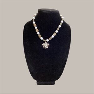 (#110) Chic White and Gold Tone Necklace with Shell Pendant